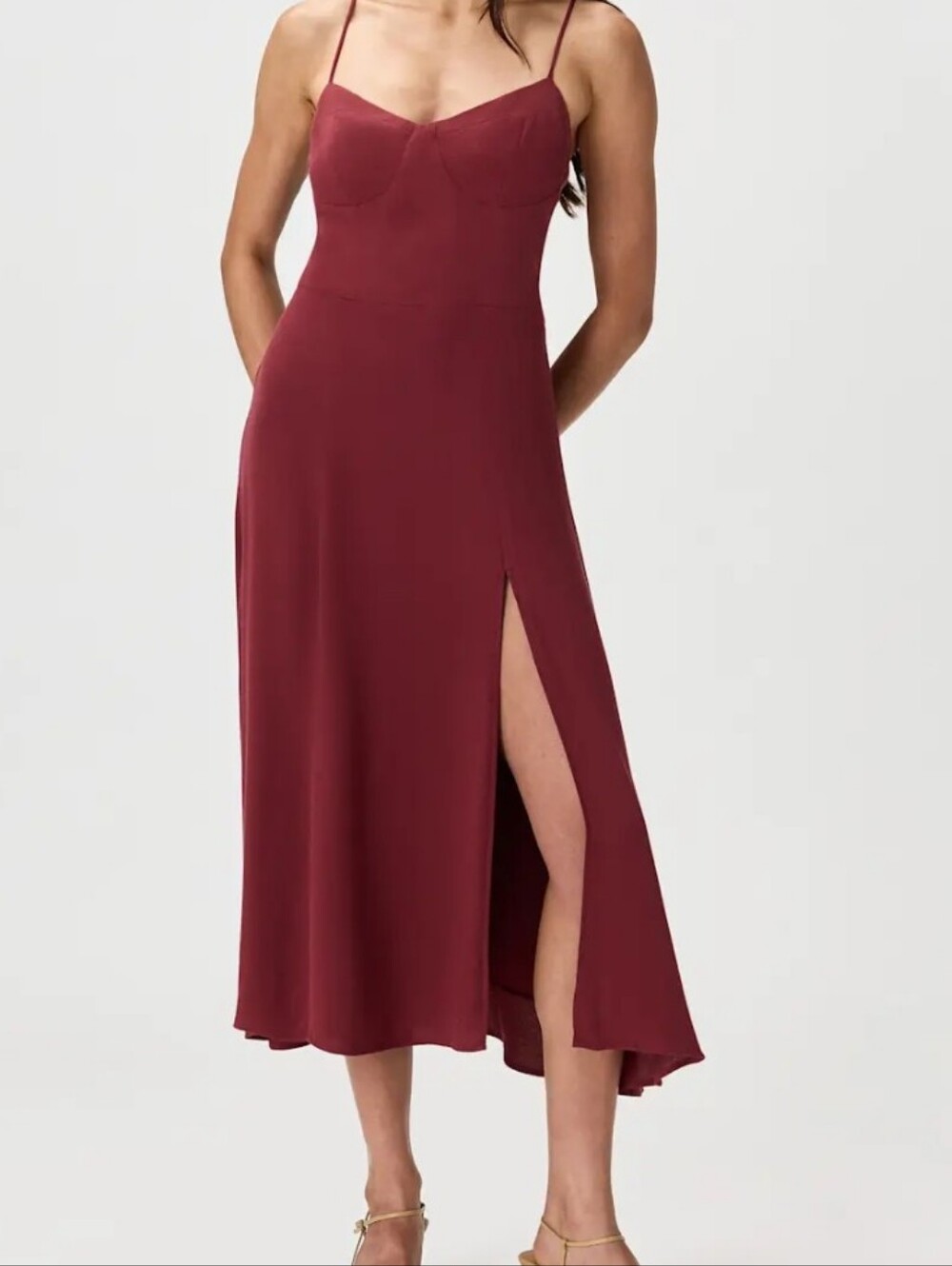 NWT Quince Lightweight Crepe Sweetheart Midi Dress Maroon Size L